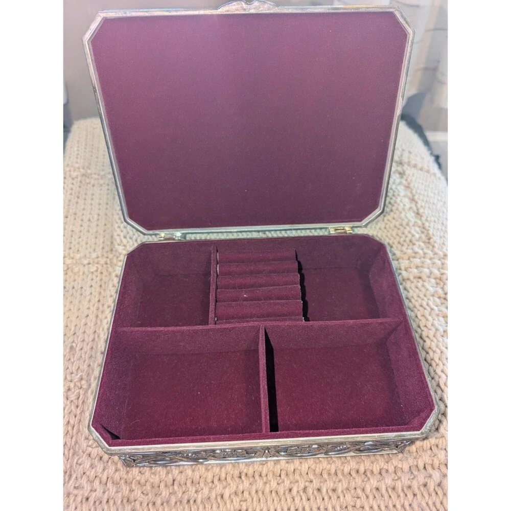 Vtg GODINGER Silver Plated Jewelry Box  Ornate Floral Embossed Felt Lining 9.5